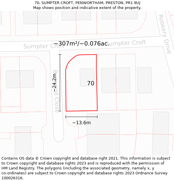 70, SUMPTER CROFT, PENWORTHAM, PRESTON, PR1 9UJ: Plot and title map