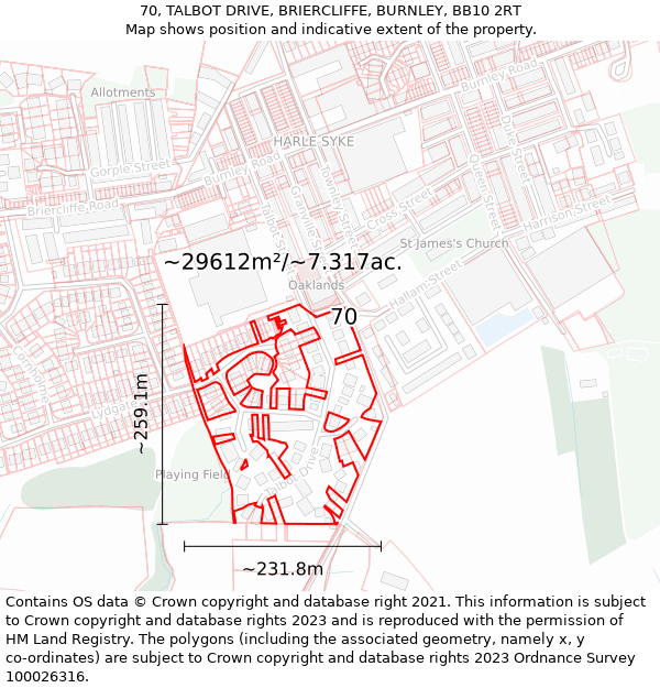 70, TALBOT DRIVE, BRIERCLIFFE, BURNLEY, BB10 2RT: Plot and title map