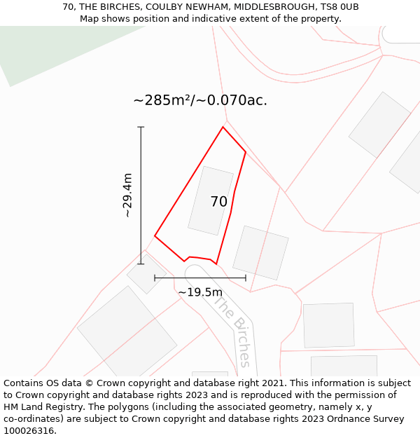 70, THE BIRCHES, COULBY NEWHAM, MIDDLESBROUGH, TS8 0UB: Plot and title map