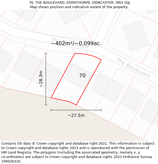 70, THE BOULEVARD, EDENTHORPE, DONCASTER, DN3 2QJ: Plot and title map