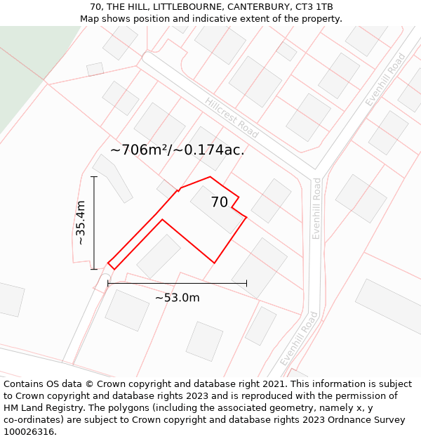 70, THE HILL, LITTLEBOURNE, CANTERBURY, CT3 1TB: Plot and title map