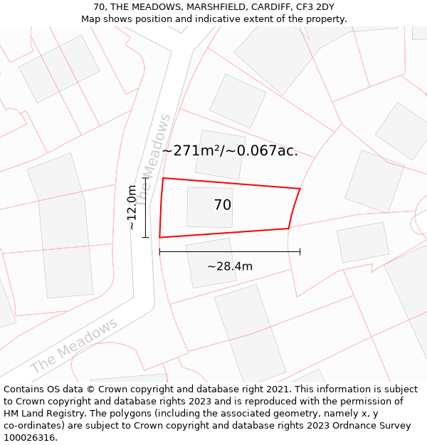 70, THE MEADOWS, MARSHFIELD, CARDIFF, CF3 2DY: Plot and title map