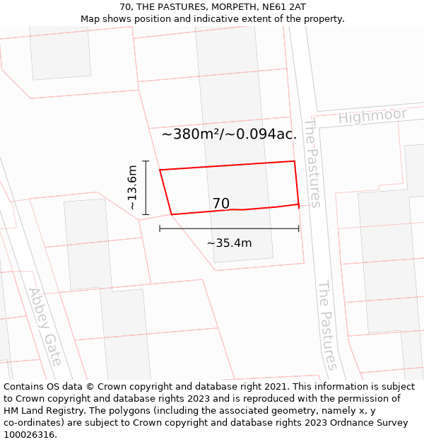 70, THE PASTURES, MORPETH, NE61 2AT: Plot and title map