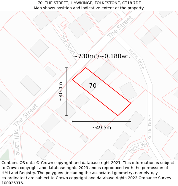 70, THE STREET, HAWKINGE, FOLKESTONE, CT18 7DE: Plot and title map