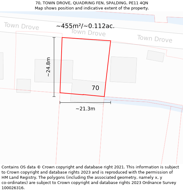 70, TOWN DROVE, QUADRING FEN, SPALDING, PE11 4QN: Plot and title map