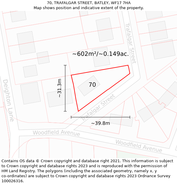 70, TRAFALGAR STREET, BATLEY, WF17 7HA: Plot and title map