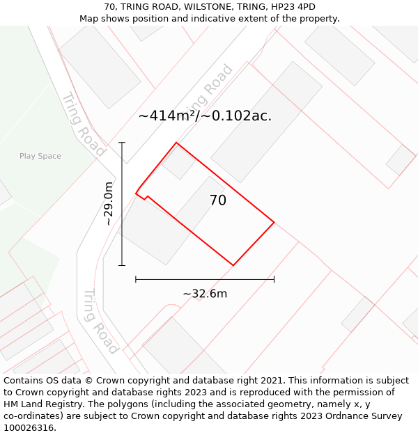 70, TRING ROAD, WILSTONE, TRING, HP23 4PD: Plot and title map