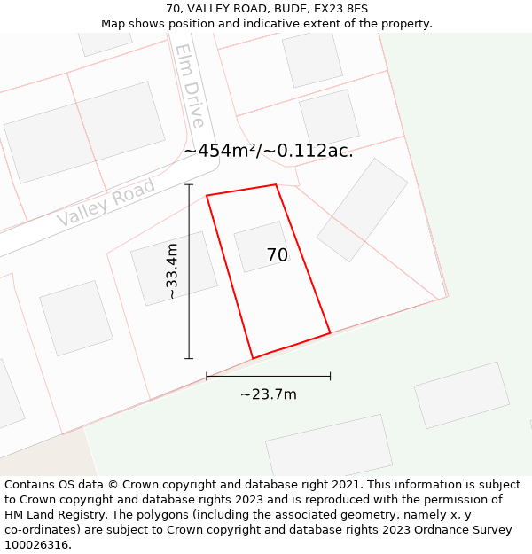 70, VALLEY ROAD, BUDE, EX23 8ES: Plot and title map