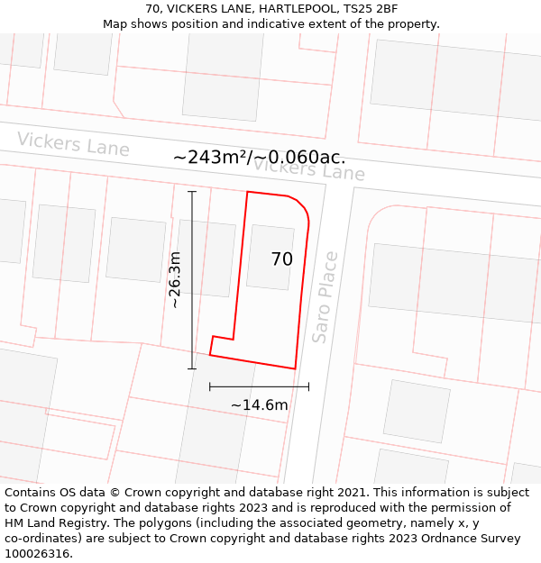 70, VICKERS LANE, HARTLEPOOL, TS25 2BF: Plot and title map