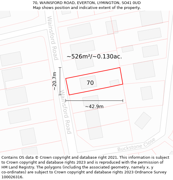 70, WAINSFORD ROAD, EVERTON, LYMINGTON, SO41 0UD: Plot and title map