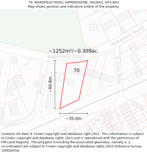 70, WAKEFIELD ROAD, HIPPERHOLME, HALIFAX, HX3 8AU: Plot and title map