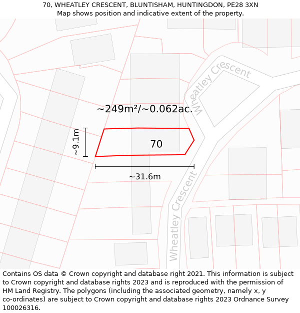 70, WHEATLEY CRESCENT, BLUNTISHAM, HUNTINGDON, PE28 3XN: Plot and title map