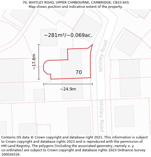 70, WHITLEY ROAD, UPPER CAMBOURNE, CAMBRIDGE, CB23 6AS: Plot and title map