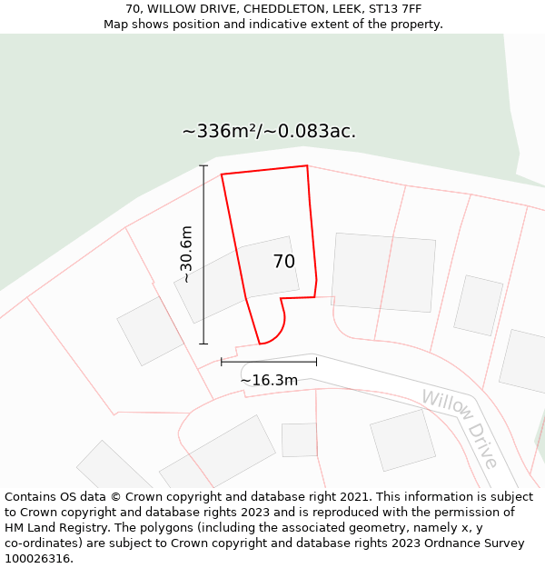 70, WILLOW DRIVE, CHEDDLETON, LEEK, ST13 7FF: Plot and title map