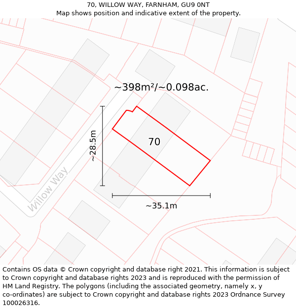 70, WILLOW WAY, FARNHAM, GU9 0NT: Plot and title map