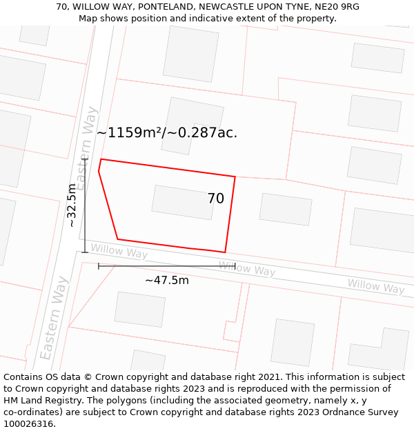 70, WILLOW WAY, PONTELAND, NEWCASTLE UPON TYNE, NE20 9RG: Plot and title map