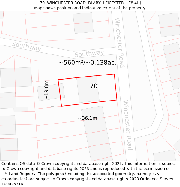 70, WINCHESTER ROAD, BLABY, LEICESTER, LE8 4HJ: Plot and title map