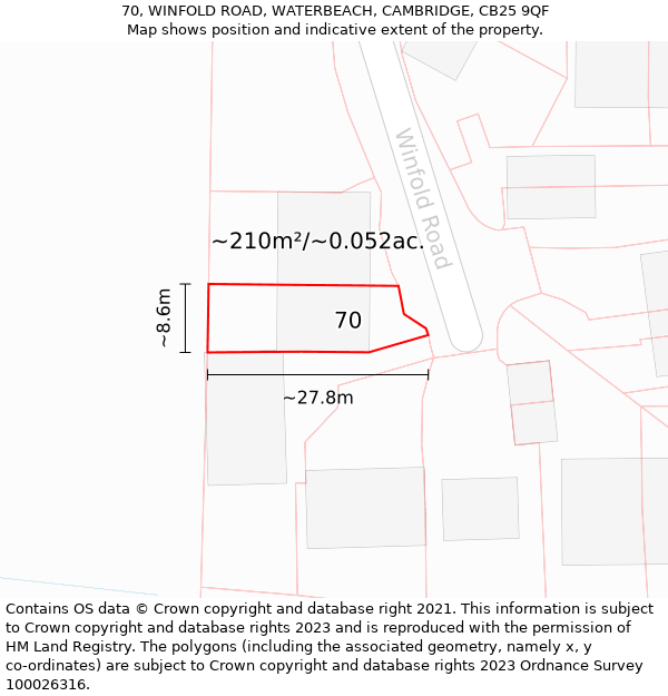 70, WINFOLD ROAD, WATERBEACH, CAMBRIDGE, CB25 9QF: Plot and title map