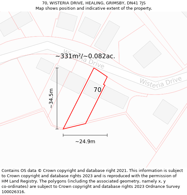 70, WISTERIA DRIVE, HEALING, GRIMSBY, DN41 7JS: Plot and title map