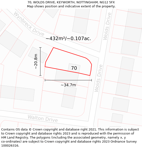 70, WOLDS DRIVE, KEYWORTH, NOTTINGHAM, NG12 5FX: Plot and title map