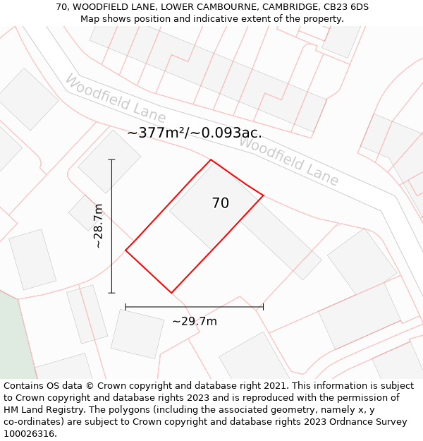 70, WOODFIELD LANE, LOWER CAMBOURNE, CAMBRIDGE, CB23 6DS: Plot and title map