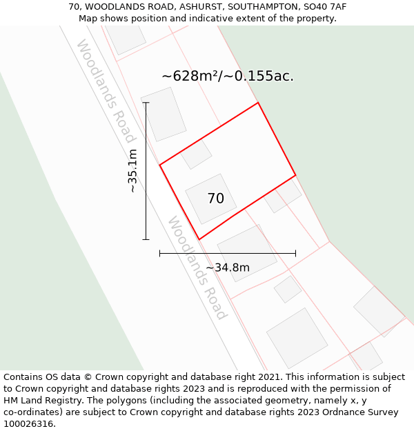 70, WOODLANDS ROAD, ASHURST, SOUTHAMPTON, SO40 7AF: Plot and title map