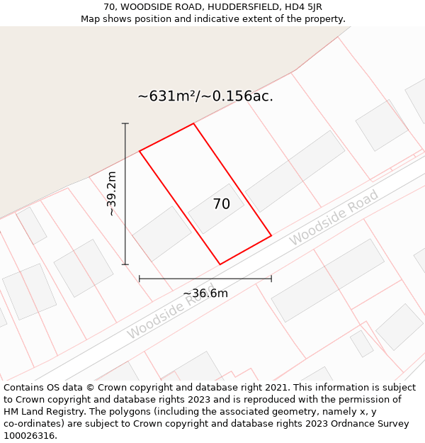 70, WOODSIDE ROAD, HUDDERSFIELD, HD4 5JR: Plot and title map