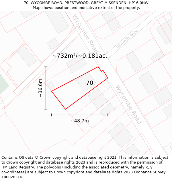 70, WYCOMBE ROAD, PRESTWOOD, GREAT MISSENDEN, HP16 0HW: Plot and title map
