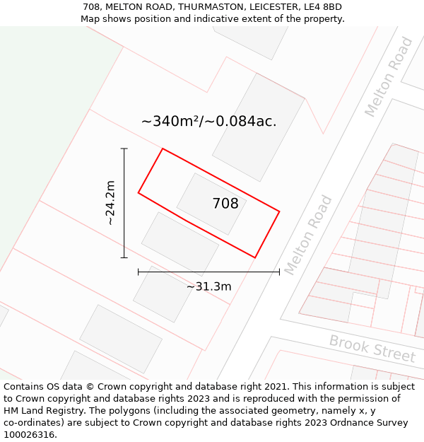 708, MELTON ROAD, THURMASTON, LEICESTER, LE4 8BD: Plot and title map