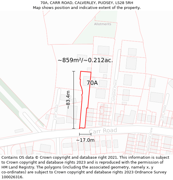 70A, CARR ROAD, CALVERLEY, PUDSEY, LS28 5RH: Plot and title map