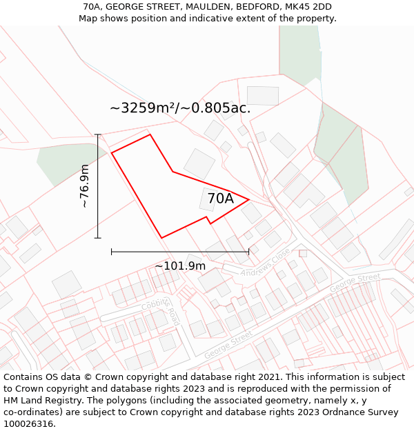 70A, GEORGE STREET, MAULDEN, BEDFORD, MK45 2DD: Plot and title map