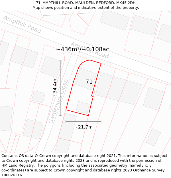 71, AMPTHILL ROAD, MAULDEN, BEDFORD, MK45 2DH: Plot and title map