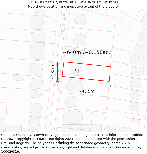 71, ASHLEY ROAD, KEYWORTH, NOTTINGHAM, NG12 5FL: Plot and title map