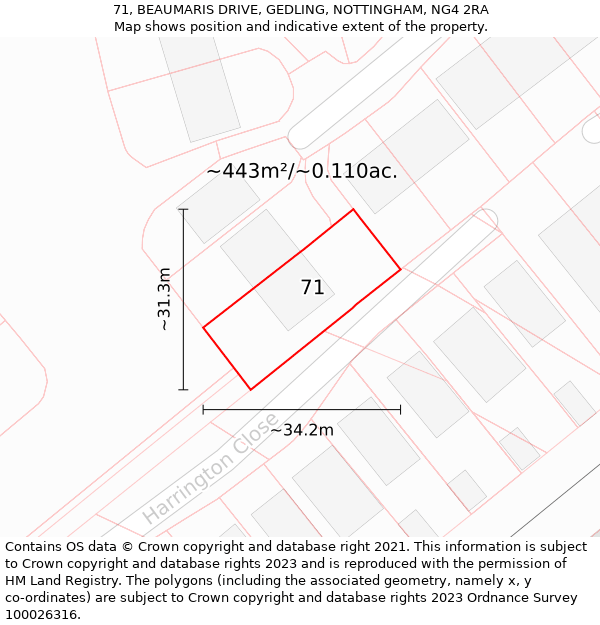 71, BEAUMARIS DRIVE, GEDLING, NOTTINGHAM, NG4 2RA: Plot and title map