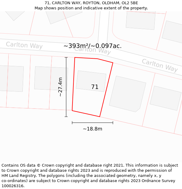 71, CARLTON WAY, ROYTON, OLDHAM, OL2 5BE: Plot and title map