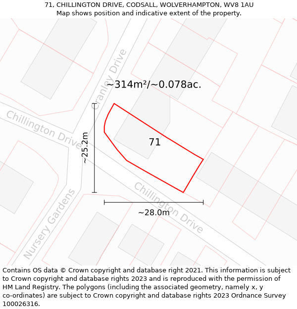 71, CHILLINGTON DRIVE, CODSALL, WOLVERHAMPTON, WV8 1AU: Plot and title map