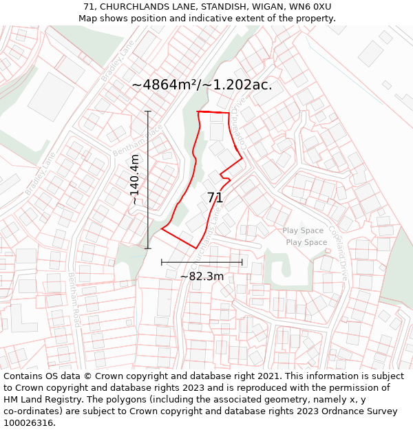 71, CHURCHLANDS LANE, STANDISH, WIGAN, WN6 0XU: Plot and title map