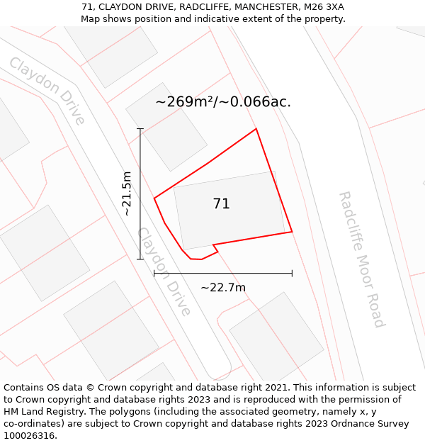71, CLAYDON DRIVE, RADCLIFFE, MANCHESTER, M26 3XA: Plot and title map
