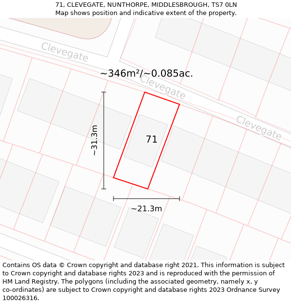 71, CLEVEGATE, NUNTHORPE, MIDDLESBROUGH, TS7 0LN: Plot and title map