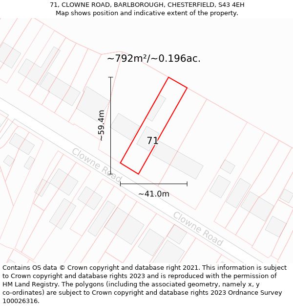 71, CLOWNE ROAD, BARLBOROUGH, CHESTERFIELD, S43 4EH: Plot and title map