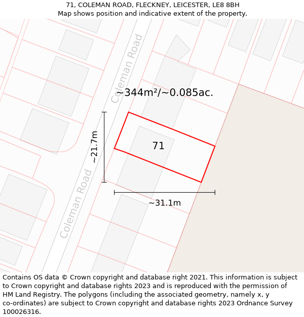 71, COLEMAN ROAD, FLECKNEY, LEICESTER, LE8 8BH: Plot and title map
