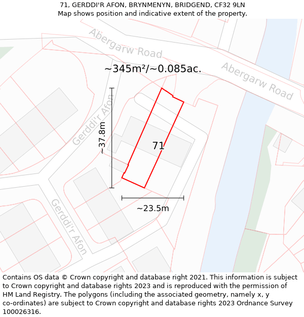 71, GERDDI'R AFON, BRYNMENYN, BRIDGEND, CF32 9LN: Plot and title map