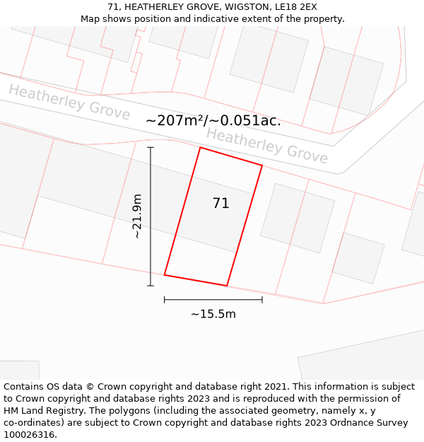 71, HEATHERLEY GROVE, WIGSTON, LE18 2EX: Plot and title map