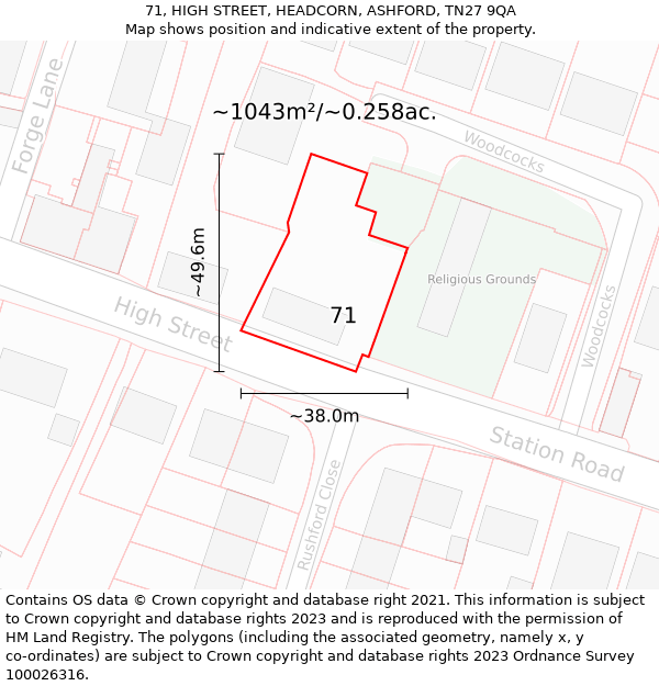 71, HIGH STREET, HEADCORN, ASHFORD, TN27 9QA: Plot and title map