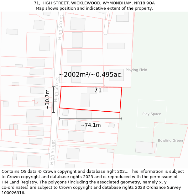 71, HIGH STREET, WICKLEWOOD, WYMONDHAM, NR18 9QA: Plot and title map