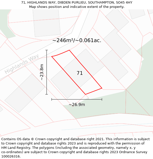 71, HIGHLANDS WAY, DIBDEN PURLIEU, SOUTHAMPTON, SO45 4HY: Plot and title map