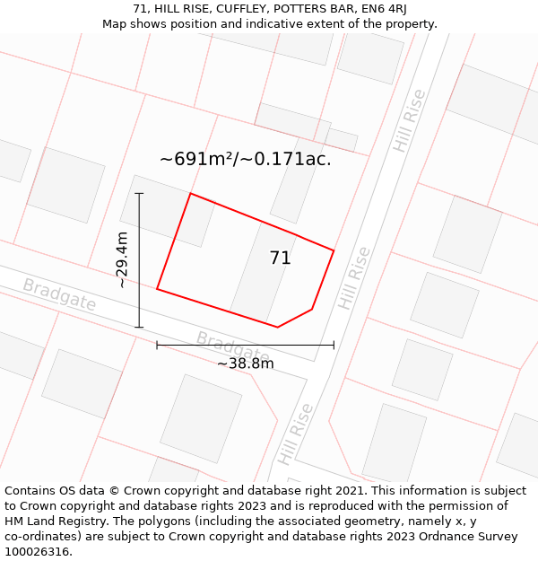 71, HILL RISE, CUFFLEY, POTTERS BAR, EN6 4RJ: Plot and title map