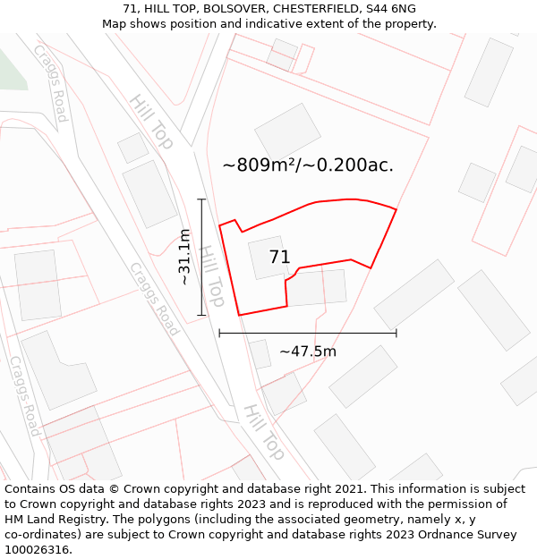 71, HILL TOP, BOLSOVER, CHESTERFIELD, S44 6NG: Plot and title map