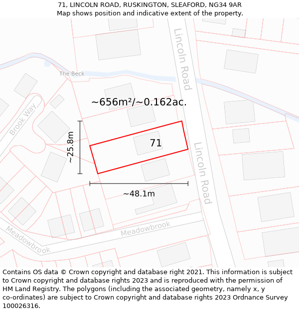 71, LINCOLN ROAD, RUSKINGTON, SLEAFORD, NG34 9AR: Plot and title map