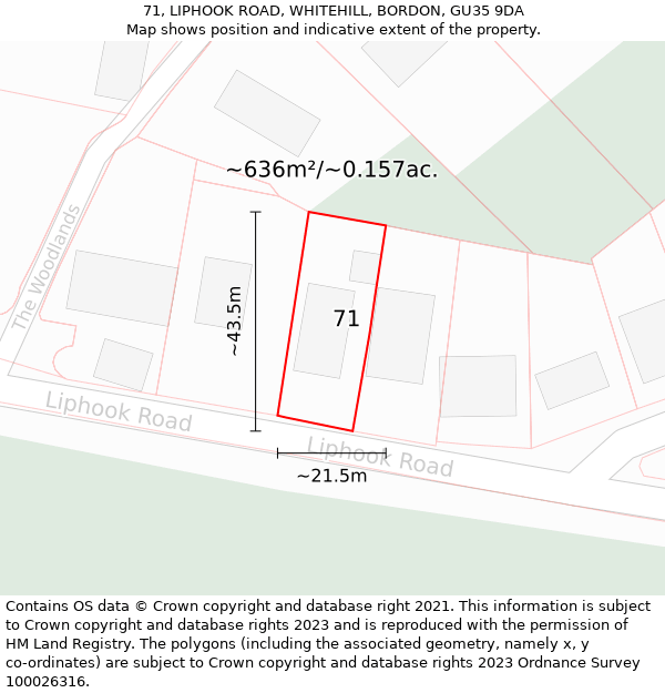 71, LIPHOOK ROAD, WHITEHILL, BORDON, GU35 9DA: Plot and title map